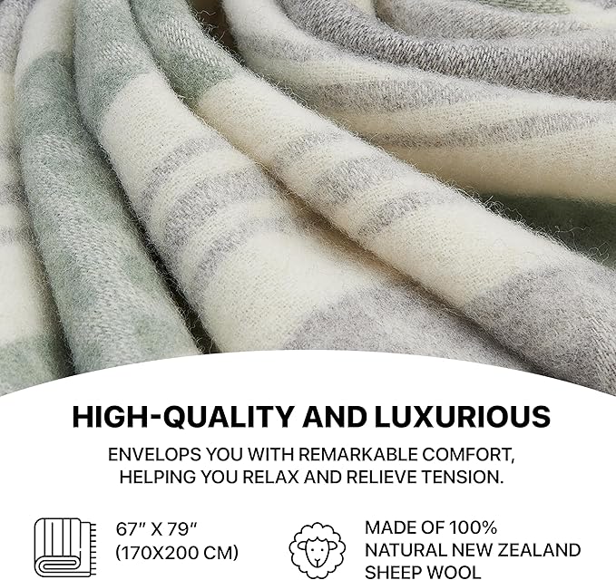 | Wool Blanket/Throw | 100% New Zealand Wool | Perfect for Home and Outdoors | Virgin Wool Throw with Fringes 67"x79" (170 x 200 cm)