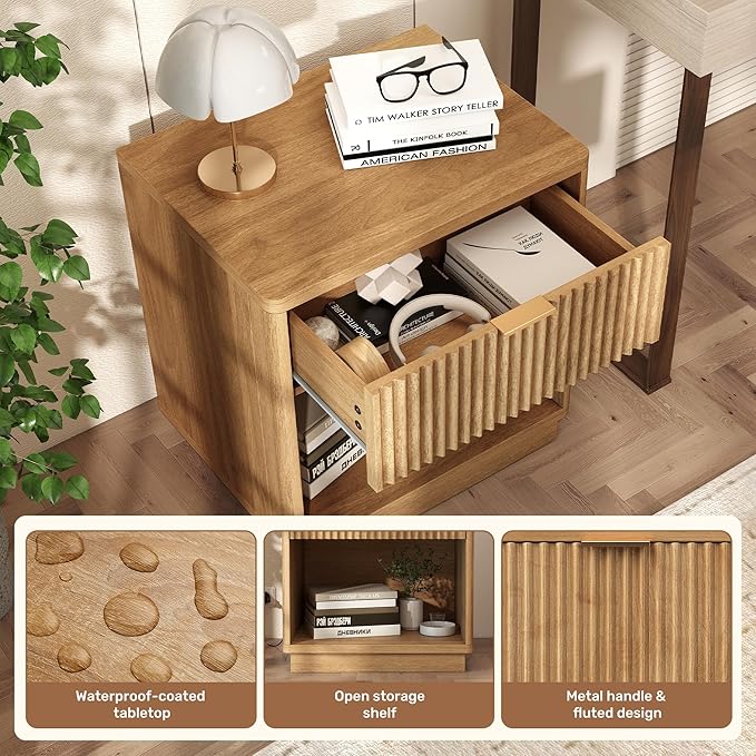 Miereirl Fluted Nightstands Set of 2 with Charging Station, LED Nightstand with Rounded Edge, 22" W Farmhouse Nightstand for Bedroom, Natural Oak