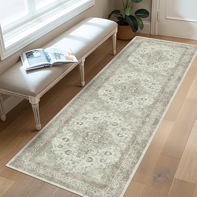 vivorug Sage Green Runner Rug 2x10 Machine Washable Rug with Non-Slip Backing, Ideal for Kitchen Hallway Entryway Laundry Room - Vintage, Durable, Easy Clean, Low Pile Carpet Runner