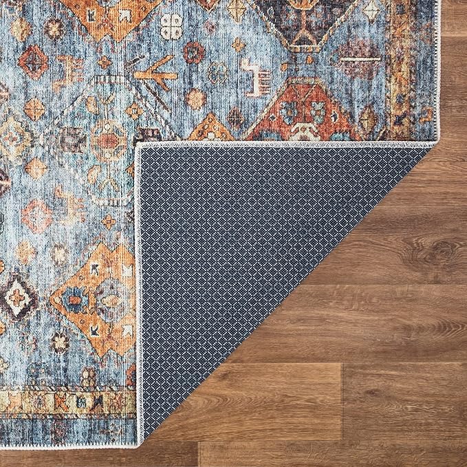 Bloom Rugs Washable Non-Slip 9' x 12' Rug - Blue/Orange Traditional Bordered Area Rug for Living Room, Bedroom, Dining Room, and Kitchen - Exact Size: 9' x 12'