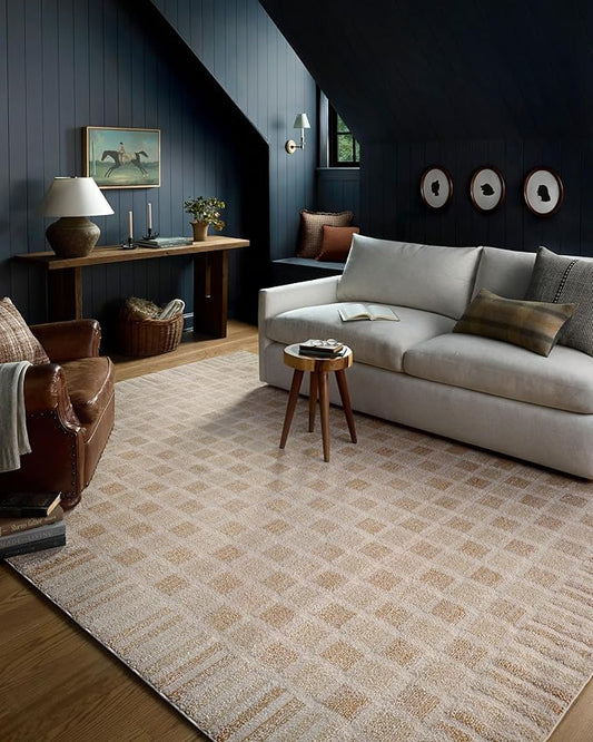 Loloi Chris Loves Julia Calvin Collection CLV-03 Bone/Natural 7'-10" x 7'-10" Round Area Rug Checkered Neutral Soft Living Room Bedroom Carpet