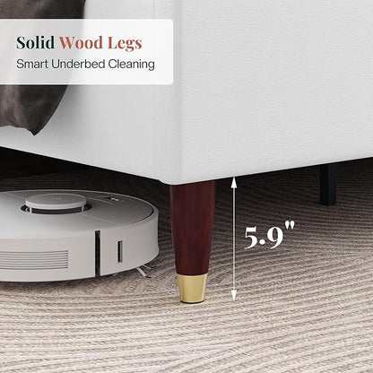 Jocisland Queen Upholstered Platform Bed Frame with 51.2" Tall Wingback Headboard–Solid Wood Legs, No Box Spring Needed, White Linen–Modern Style for Any Bedroom