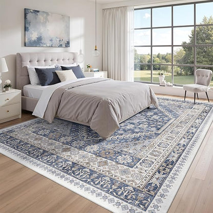 zesthome 8x10 Area Rugs for Living Room,Non-Slip Backing Washable Rugs,Vintage Large Area Rug,Stain Resistant Home Decor Rug (Blue/Beige,8'x10')