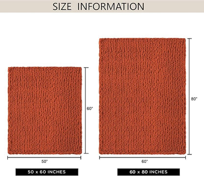 Chunky Knit Throw Blanket 60"X 80", 100% Handmade with Soft Chenille Yarn, 4.4lbs Thick Cable Knitted Blankets, Large Rope Knot Crochet Throws for Couch Sofa Bed Home Decor, Rust