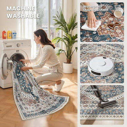 zesthome 6x9 Area Rug, Super Soft Washable Rugs for Living Room, Non-Slip Stain Resistant Vintage Rugs, Ultra-Thin Large Area Rugs (Navy Blue/Red,6'x9')