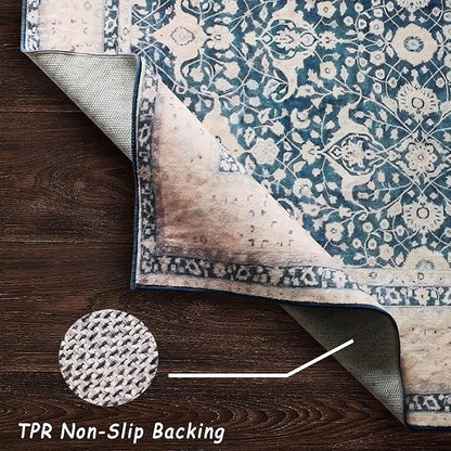 vivorug 4x6 Rug, Small Area Rug for Living Room, Bedroom, Kitchen, Machine Washable Non-Slip Throw Rug, Vintage Floral Carpet for Entryway Nursery Dinner Room - Durable (Blue)