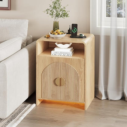 Nightstand with Charging Station and LED Lights, Night Stands with Adjustable Storage Cabinet, Modern Side Table with Fluted Doors and Open Storage, Bedside Table for Bedroom, Natural