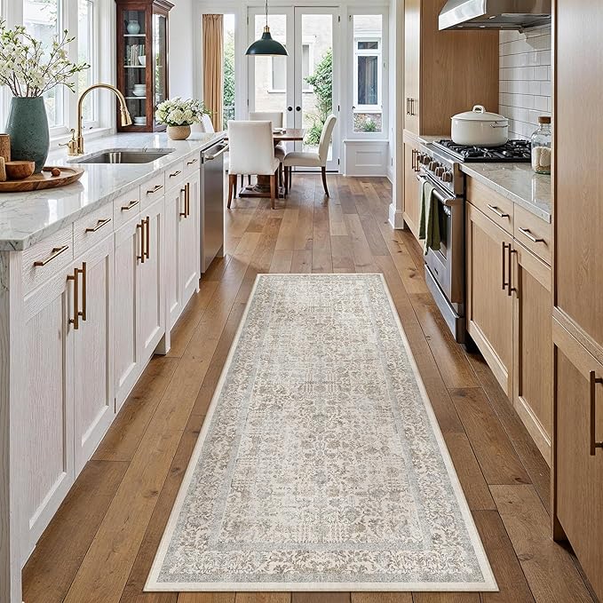 Taupe Runner Rug 2'6"x8' Washable Carpet for Hallway Kitchen Vintage Distressed Non Slip Indoor Retro Floral Bedroom Accent Throw Long Rug Bathroom Office Laundry Dining Living Room