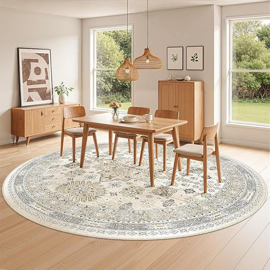 zesthome 8ft Round Rugs for Living Room, Non-Slip Washable Round Area Rugs, Ultra-Thin Large Circle Rugs, Soft Low Pile Rug for Bedroom, Kitchen - Vintage Stain Resistant Round Rug (Beige,8'x8')