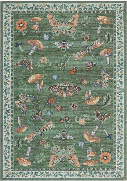 Mushroom Washable 8x10 Rug for Living Room Non Slip 8 x 10 Rug for Bedroom with Rubber Back Soft Low-Pile Stain Resistant Foldable Large Carpet for Office Nursery Dining Room Green