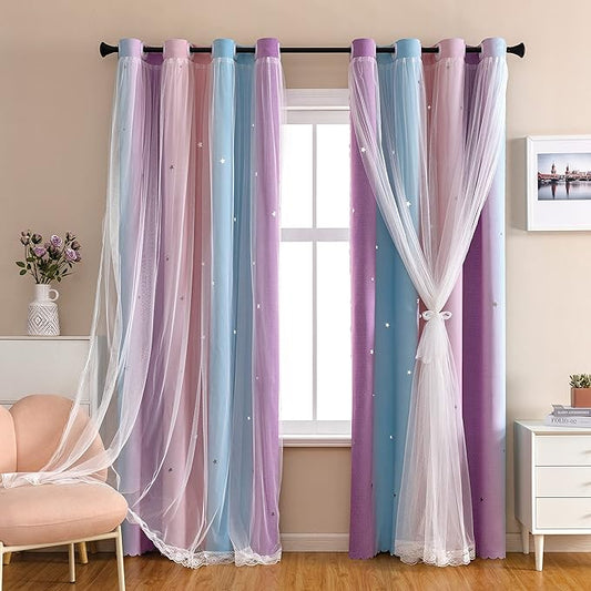 XiDi Dream Star Blackout Curtains for Kids Rooms Girl Princess Curtain for Daughter Bedroom Window (Pink Purple, W52 X L96)