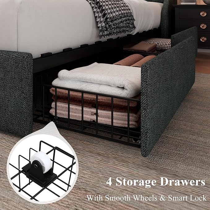 Feonase Queen Bed Frame with 4 Storage Drawers, Upholstered Storage Bed with Charging Station, Tufted Wingback Headboard, No Box Spring Needed, Dark Grey