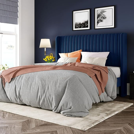 Allewie Full Size Velvet Bed Frame/Vertical Channel Tufted Wingback Headboard/Upholstered Platform Bed/Strong Wooden Slats/No Box Spring Needed/Easy Assembly/Blue