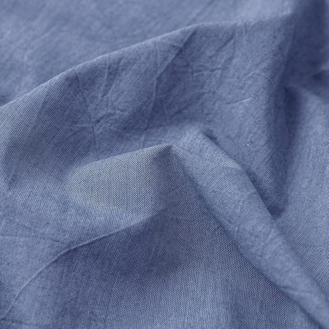 MooMee Fitted Bottom Sheet Only 100% Washed Cotton Linen Like Textured Breathable Durable Soft Comfy Deep Pocket Fits Mattress up to 17" (Blue, Twin)