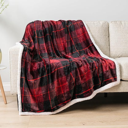 PAVILIA Red Plaid Sherpa Throw Blanket for Couch, Plush Flannel Fleece, Soft Fuzzy Cabin for Sofa Bed, Warm Cozy Winter Gift, 50x60