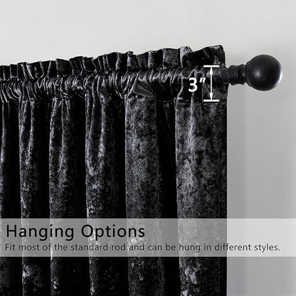 SMILETIME Black Crushed Velvet Curtains 52x108inch Rod Pocket Luxurious Thermal Insulated Soundproof Drapes Soft and Durable Light-Filtering Window Treatments for Living Room Bedroom, 2 Panels