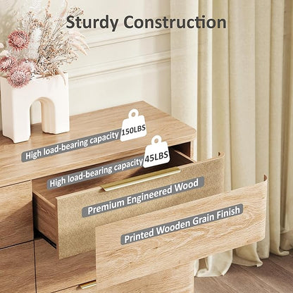 6 Drawer Dresser for Bedroom, 54" Wide Modern Chest of Drawers with Metal Handle, Curved Profile Design, Wooden Oak Dresser Closet Clothes Storage TV Stand for Living Room, Hallway