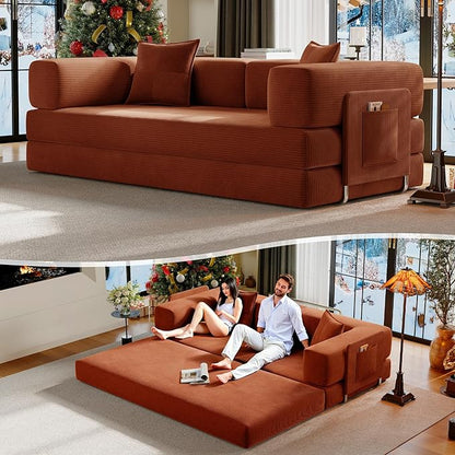 78.8" Convertible Futon Sofa Bed,Corduroy Futon Couch with Storage Pocket,Folding Pull Out Sofa,No Assembly Boneless Couch for Living Room,Orange