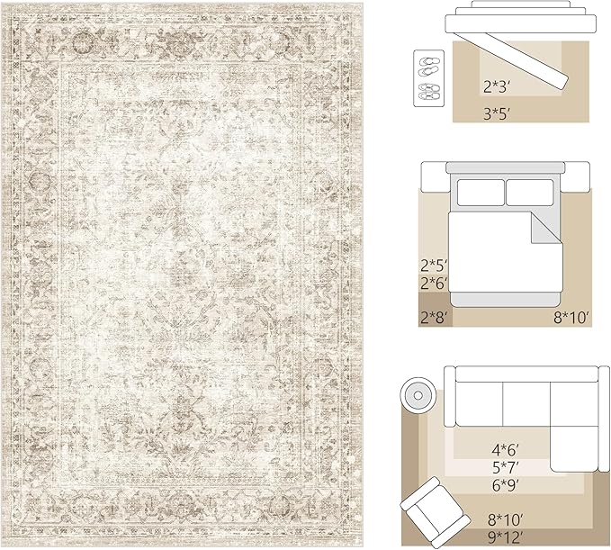FMFUNCTEX 4x6 Washable Area Rug Neutral Vintage Beige Non Slip Low Pile Traditional Indoor Carpet for Living Room Bedroom Soft Retro Floral Mat Throw Rug for Dining Office Kitchen Dorm Entryway