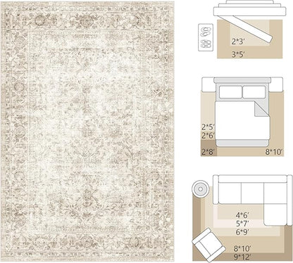 FMFUNCTEX 10x12 Washable Area Rug Beige Vintage Neutral Distressed Large Non Slip Carpet for Living Room Bedroom Soft Low Pile Indoor Mat Retro Floral Throw Rug for Dining Room Kitchen Office Nursery