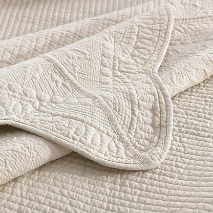 MarCielo 3-Piece 100% Cotton Oversized Bedspread Lightweight Quilt Coverlet Embroidery Farmhouse Bedding Set (TG Yellowish Beige, Oversized King (118"x106"))