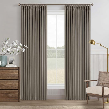 Taupe Grey Pleated Linen Blackout Curtains 80 Inches Long for Bedroom Living Room Pinch Pleat Black Out Thermal Insulated Ring Hooks Room Darkening Drapes Brownish Gray 80 Inch Curtains with Liner