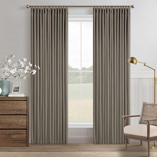 Desert Taupe Linen Blackout Pleated 86 Inch Curtains for Living Room Darkening Pinch Pleat 100% Black Out Drapes Thermal Insulated Soundproof Brownish Grey 86 Inch Curtain for Dining Bedroom