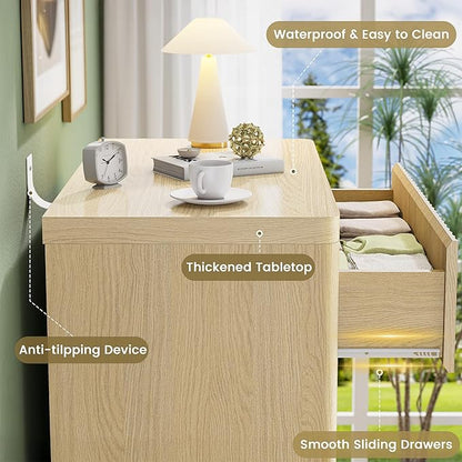Fluted Nightstand with 3 Drawers, Wood Night Stand with Storage, 25" Wide Side Table, Modern Bedside Table for Bedroom, End Table for Living Room, Handleless Design, Curved Profile, Natural Oak 1PC