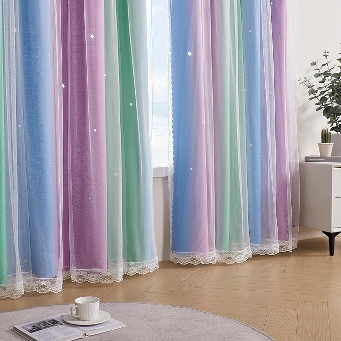 XiDi Curtains for Bedroom Decor, Rainbow Green PurpleBlue34/45/1