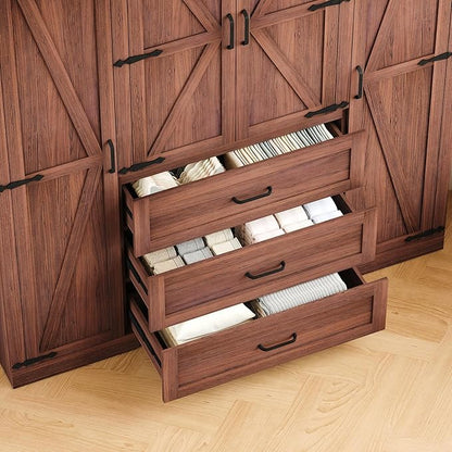 4 Door Armoire Wardrobe Closet Cabinet with 3 Drawers and Drawers, Farmhouse Bedroom Armoire with Hanging Rod and Adjustable Shelves, Large Capacity Storage Wardrobe Armoire for Bedroom, Brown