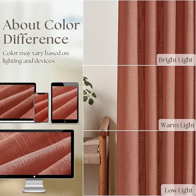 Pinch Pleated Terracotta Linen Curtains 84 Inches Long 2 Panels Set for Living Room Dining Pinch Pleat Back Tab Light Filtering Farmhouse Boho Retro Window Curtain Drapes Red Clay Autumn Fall Decor