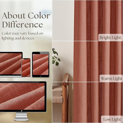 Red Clay Linen Pinch Pleated Curtains 108 Inches Long 2 Panels for Living Room Bedroom Light Filtering Drapes 108 Inch Length Terracotta Autumn Fall Semi Sheer Memory Trained Ceiling Floor Curtain
