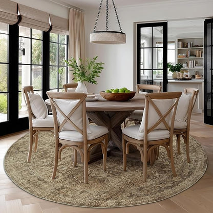 FMFUNCTEX 8ft Round Washable Area Rug Brown Vintage Neutral Distressed Large Non Slip Carpet for Living Room Bedroom Soft Low Pile Indoor Mat Retro Floral Throw Rug for Dining Kitchen Office Nursery