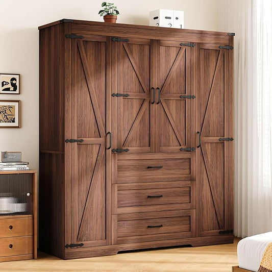 4 Door Armoire Wardrobe Closet Cabinet with 3 Drawers and Drawers, Farmhouse Bedroom Armoire with Hanging Rod and Adjustable Shelves, Large Capacity Storage Wardrobe Armoire for Bedroom, Brown