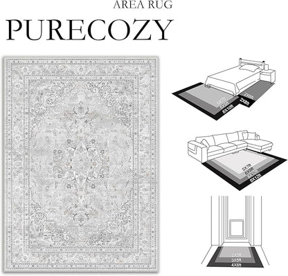 Grey 3x5 Area Rug Washable Vintage Carpet for Entryway Office Soft Retro Floral Kitchen Low Pile Thin Door Mat Non Slip Central Medallion Throw Rug for Bathroom Bedroom Dining Living Room