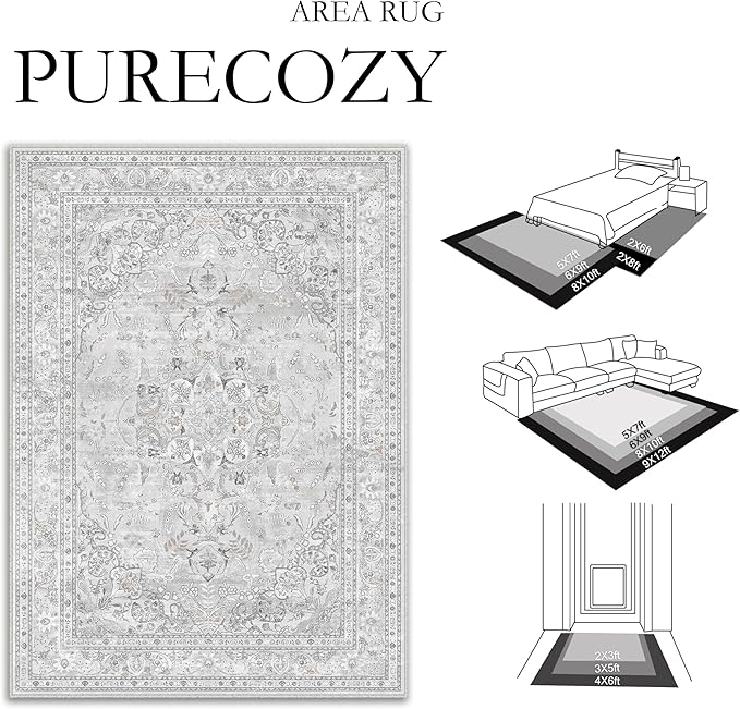Grey 5x7 Area Rug Washable Vintage Carpet for Living Room Office Soft Retro Floral Low Pile Thin Indoor Rug Non Slip Central Medallion Floor Cover for Bedroom Dining Room