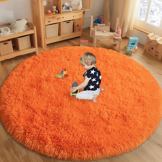 Round Orange Rug for Bedroom, 7 ft Circle Area Rugs for Living Room, Soft Large Fluffy Shag Carpet for Teen Girls Boys Nursery Room Dorm Home Decor Aesthetic