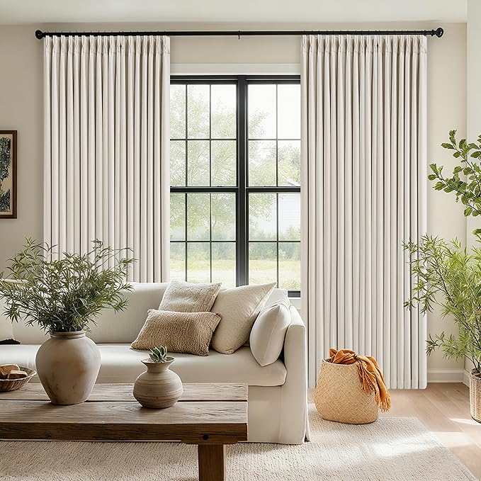 100 Inch Blackout Linen Curtains Pinch Pleated Back Tab Dual Layer Thermal Inslulated Room Darkening 100% Black Out Curtains 2 Panels for Sliding Glass Door Bedroom Living Cream Ivory Window Drapes