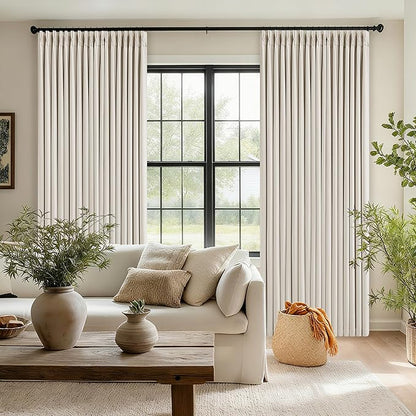 Pleated Cream Ivory 86 Inch Blackout Curtains for Living Dining Room 2 Panels Set Boho Farmhouse Pinch Pleat Natural Linen Black Out Bedroom Curtains Thermal Insulated Room Darkening 2 Layer Design
