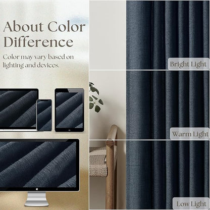 Pinch Pleated Navy Linen Curtains 84 Inches Long 2 Panels Set for Living Room Dining Pinch Pleat Back Tab Light Filtering Farmhouse Boho Retro Window Curtain Drapes 84 Inch Length Dark Blue Indigo