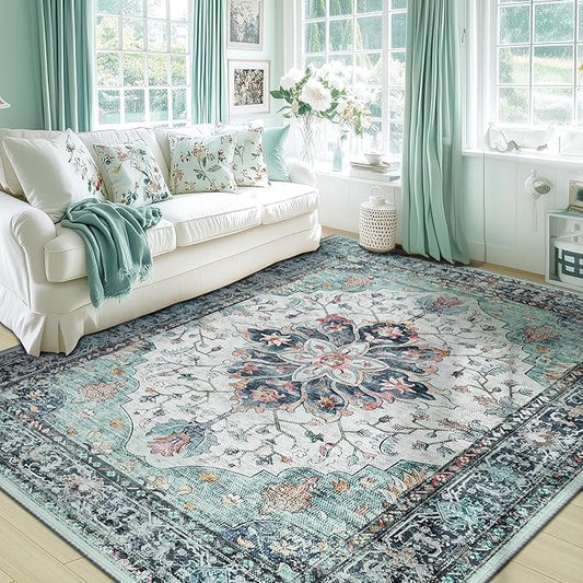 Area Rugs 6'x8' Washable Non-Slip, Floral Vintage Distress Print Pattern Medallion Carpet for Living Room Bedroom Dining Room, Green Navy Blue White Red Teal Colorful