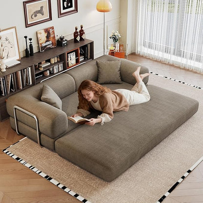 79" Convertible Sofa Bed with Fixed-Shape Frame, Corduroy Folding Pull Out Couch, No Assembly Modern Boneless Couch Compression Sofa in Box, Floor Sofa for Living Room,Camel