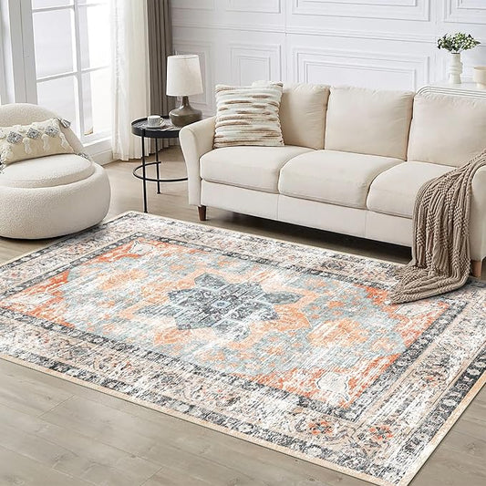3x5 Rug, Small Area Rug for Living Room, Bedroom, Kitchen, Machine Washable Non-Slip Throw Rug, Vintage Distressed Floral Carpet for Entryway Nursery Dinner Room, Orange