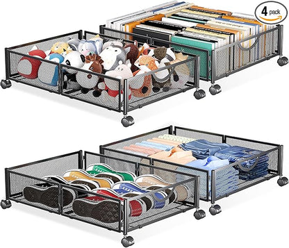 Yecaye Under Bed Storage with Wheels, 4 Pack Under Bed Shoe Storage Organizer Drawer, Tool-free Assembly Metal Underbed Storage Containers for Clothes, Shoes, Black