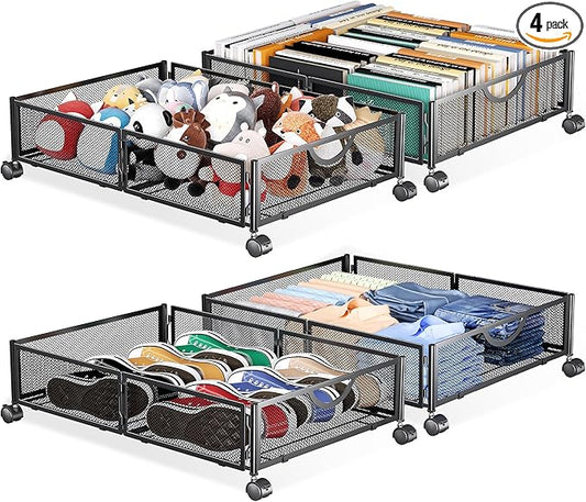 Yecaye Under Bed Storage with Wheels, 4 Pack Under Bed Shoe Storage Organizer Drawer, Tool-free Assembly Metal Underbed Storage Containers for Clothes, Shoes, Black
