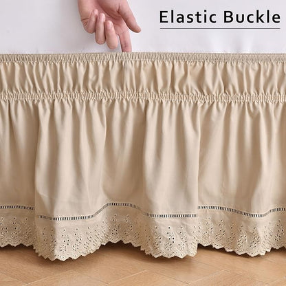 MIYE Wrap Around Ruffled Lace Bed Skirt, Elastic Dust Ruffle with Adjustable Belts, Easy to Put On, Bed Frame Cover, Machine Washable (Embroidered/Beige, Full/Twin-12.5" Drop)