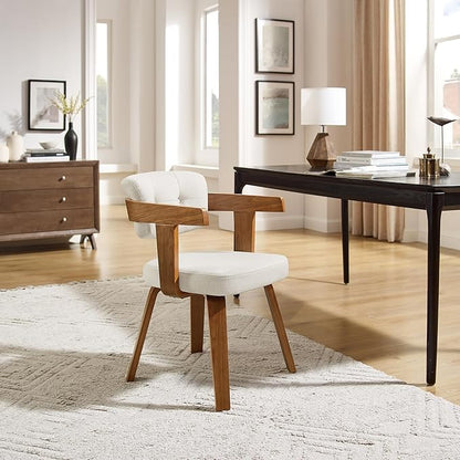 Art Leon Office Chair No Wheels - Mid Century Modern Desk Chair, Fabric Upholstered Accent Arm Chair with Wood Legs for Small Spaces Home Office Living Room Bedroom Study, Off White/Walnut