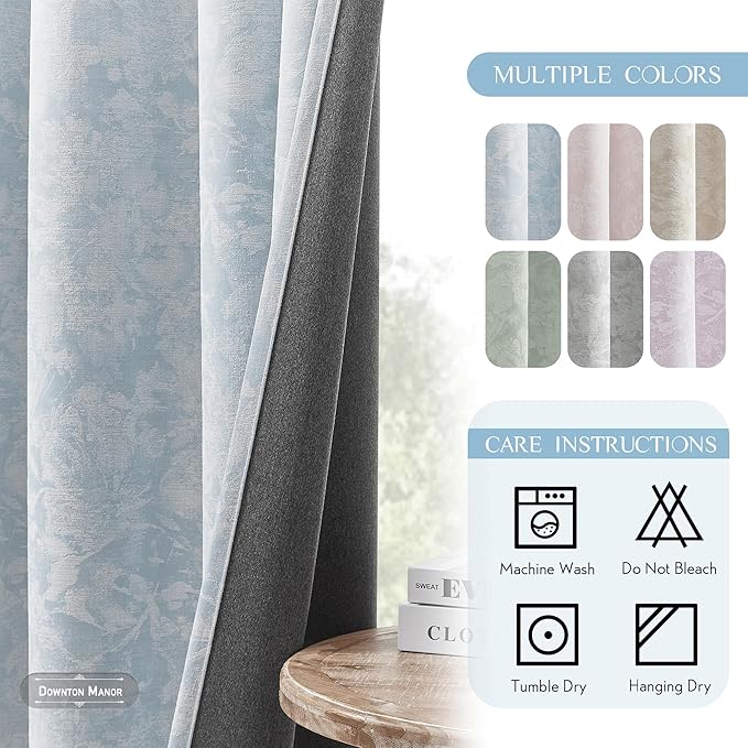 Beauoop Blue Floral Jacquard Blackout Curtains 84 Inches Long for Patio Sliding Door Extra Wide Chenille Flower Divider Room Darkening Thermal Soundproof Grommet Window Drapes, 100x84 Set of 1