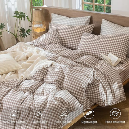 MooMee Gingham Duvet Cover Set 100% Washed Cotton Linen Like Textured Breathable Durable Soft Comfy Modern Checkered Design (Brown Gingham, Super Queen 90"x98")