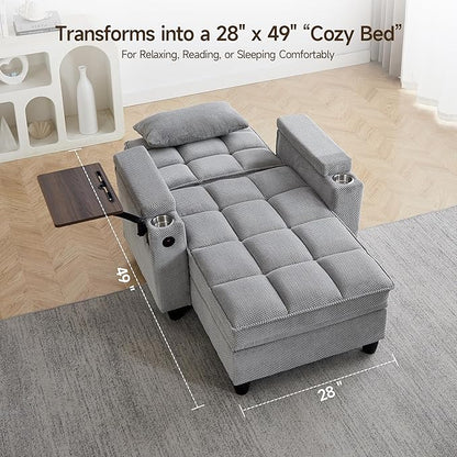 41.7" Chaise Lounge Chair Indoor, Oversized Boucle Upholstered Sofa Bed, Adjustable Backrest Deep Seat Reading Chair, Sofas Couches for Living Room with Storage, Cup Holders & 360° Swivel Side Table